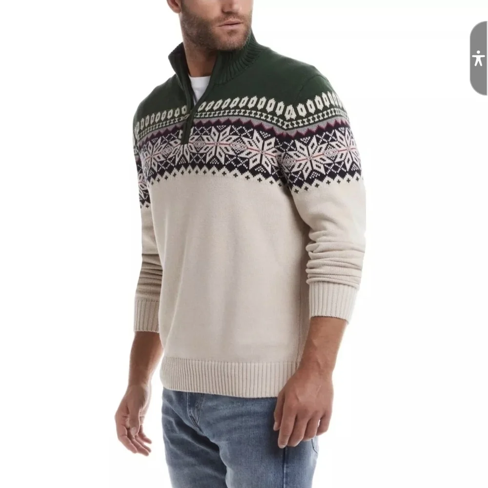 Weatherproof Nordic Green and Cream Zip Up Sweater Vintage